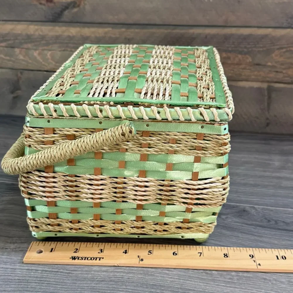 Vintage 1960s Wicker Sewing Basket Granma Cottagecore Shabby Chic Country Japan